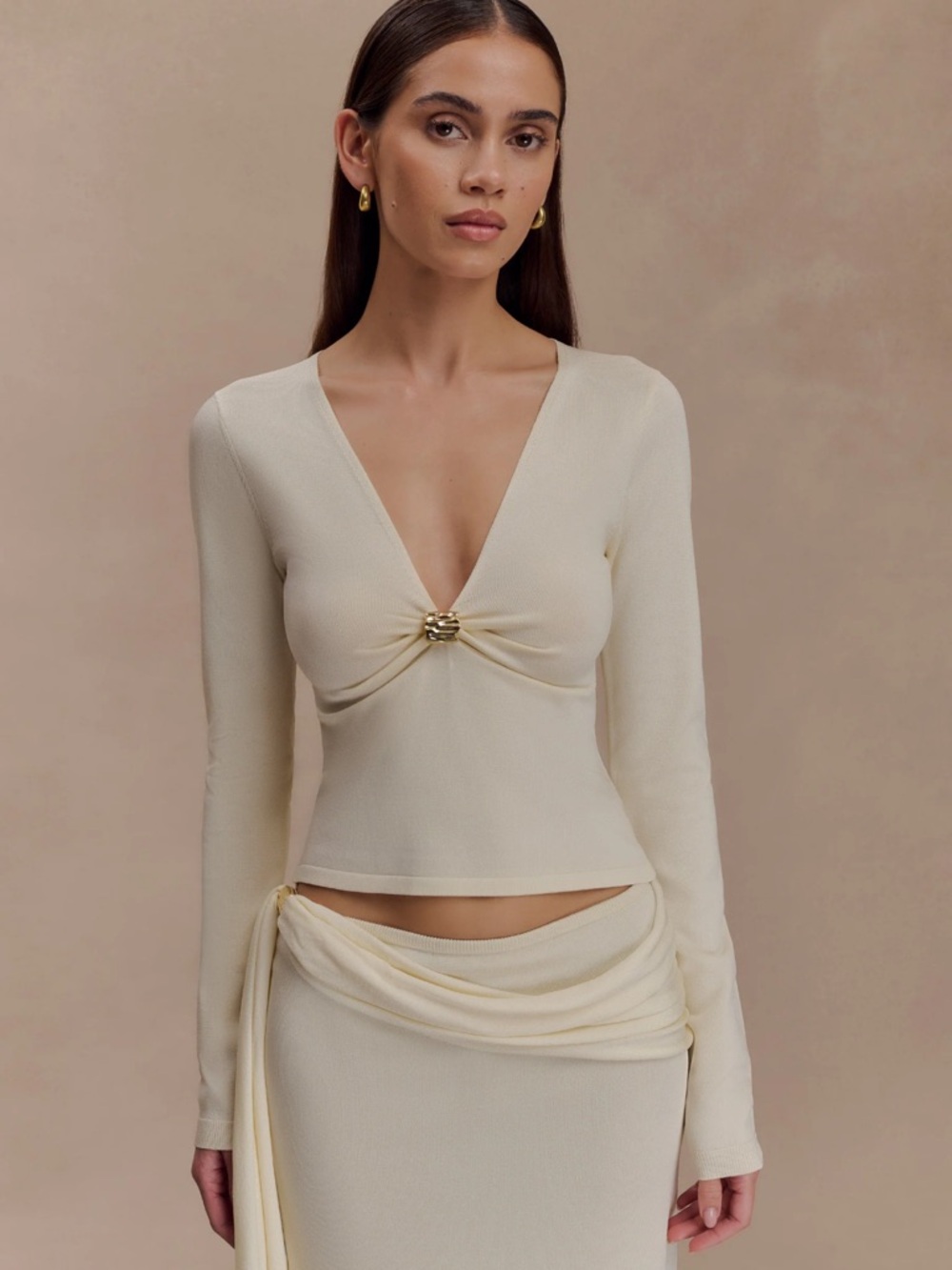 Meshki Bowie low risk knit maxiskirt & Miraby knit long sleeve top both in ivory